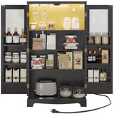 HOOBRO 43" Kitchen Pantry Cabinet, kitchen Storage Cabinet with Power Outlets, Pantry Cabinet with LED Lights and Adjustable Shelf, Pantry Glass Doors Holders, for Kitchen, Dining Room, Black and Gold HOOBRO