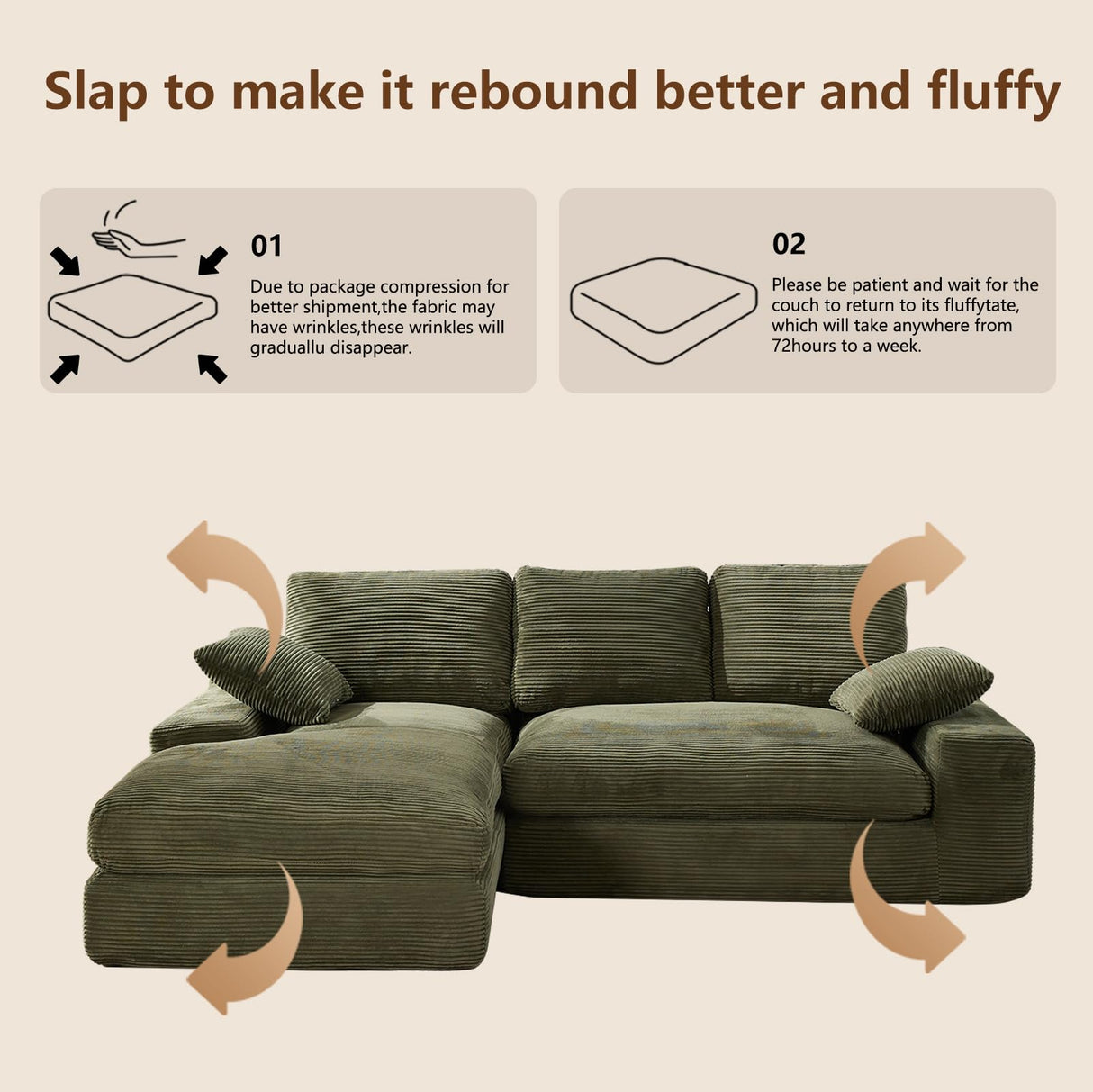 98.4" Green Sectional Sofa Cloud Modular Sectional Couch with Chaise,Corduroy Sectional Couches L-Shaped Modern Upholstered Sofa with Deep Seat for Living Room and Bedroom,No Assembly Required(Green) XSZD