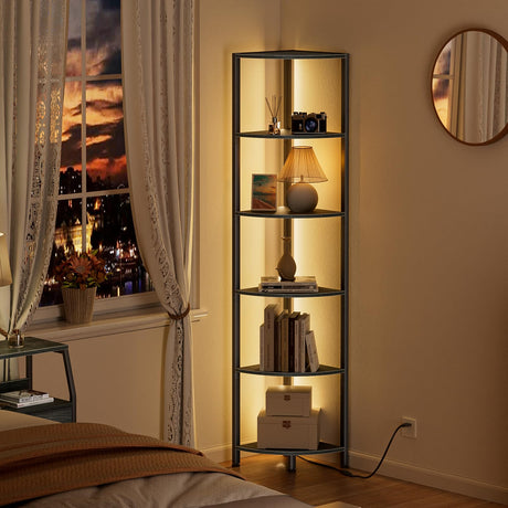 Furnulem 6 Tier LED Corner Shelf - 67.5” Tall Black Oak Storage and Display Unit Furnulem