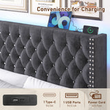 Hlivelood Queen LED Upholstered Bed Frame with Wingback Headboard, Velvet Diamond Button Tufted Bed Frame w/USB&Type-C Ports, Pocket and LED Lights, Wood Slats Support, No Box Spring Needed, Dark Grey Hlivelood