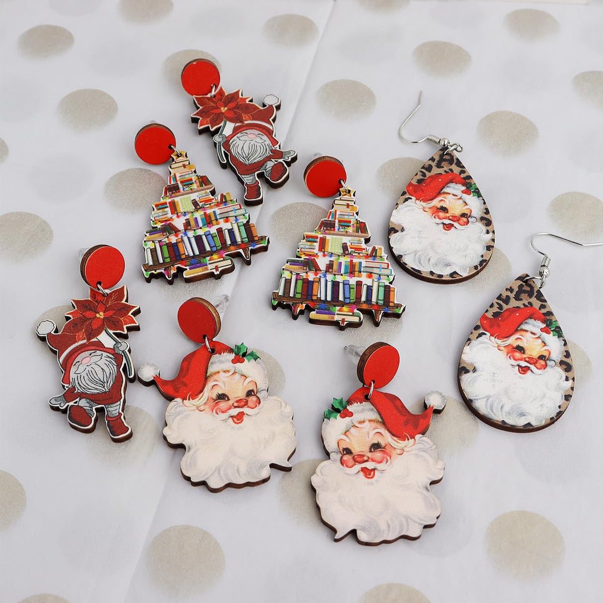 JeanBeau 4 Pairs Christmas Wooden Santa Dangle Drop Earrings Bulk for Women Cute Holiday Earrings Lightweight Wood Round Stud Xmas Book Decoration Accessories Jewelry Gift Jean Beau