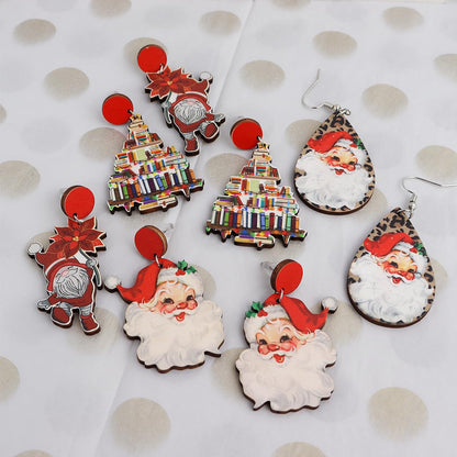 JeanBeau 4 Pairs Christmas Wooden Santa Dangle Drop Earrings Bulk for Women Cute Holiday Earrings Lightweight Wood Round Stud Xmas Book Decoration Accessories Jewelry Gift