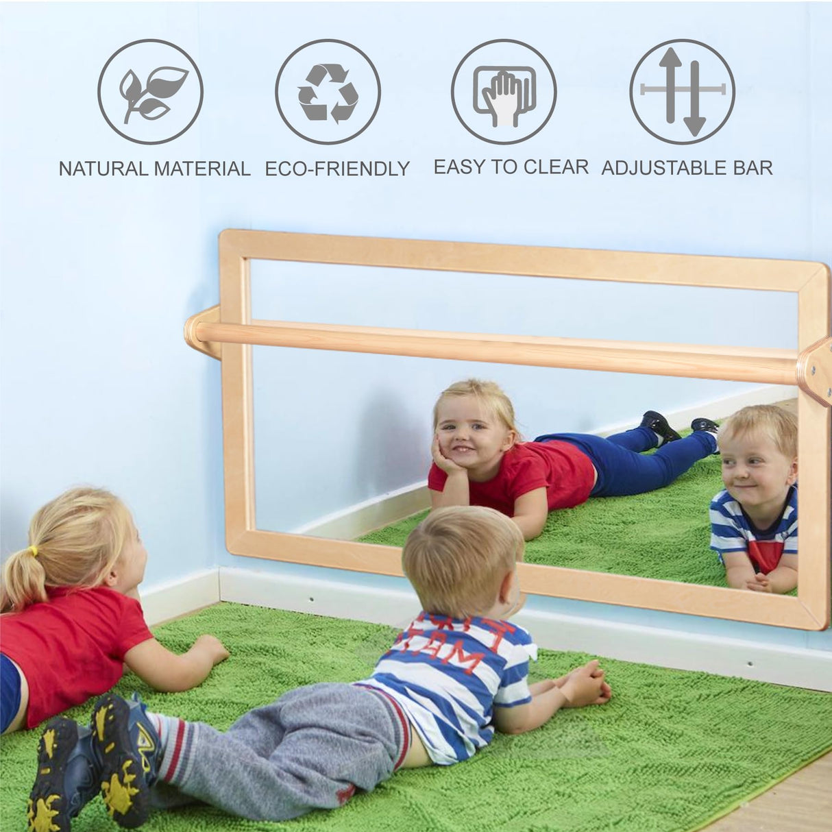 KRAND 3-Position Montessori Wood Frame Non-Shatter Safety Pull Up Bar Baby Big Mirror Set, Infant Coordination Mirror, Kids Classroom Furniture for Daycare, Homeschool or Preschool KRAND