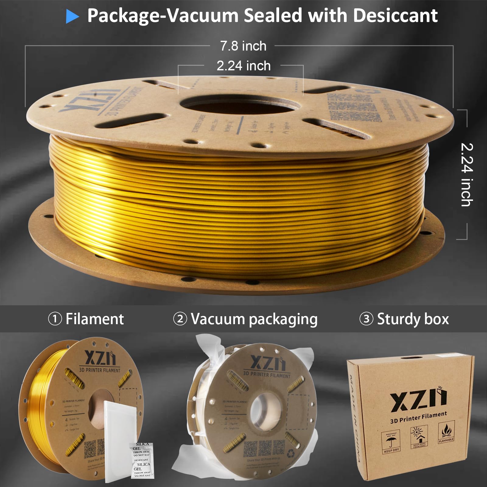 XZN Silk PLA Filament 1.75mm, Metal-Like Shiny 3D Printer Filament, 1kg Spool (2.2lbs), Dimensional Accuracy +/- 0.03 mm, Vacuum Packaging (Silk Gold) - WoodArtSupply