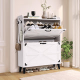 Homdox Shoe Storage Cabinet with 2 Flip Drawers, Farmhouse Narrow Shoe Cabinet with Barn Door Design, Freestanding Hidden Slim Shoe Organizer Cabinet for Entryway, Foyer, Hallway, White Homdox