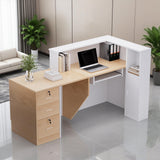 L-Shaped Large Wooden Reception Desk, Modern Front Desk Reception Counter with Lockable Drawers & Storage & Keyboard Tray, for Checkout, Lobby (Left-Natural Wood/White, 71''L x 42''W x 41''H) Yorkgargen
