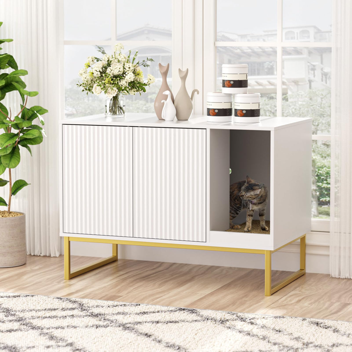 Cat Litter Box Enclosure, Fluted Hidden Litter Box Furniture with Scratch Pad and Metal Legs, Modern Enclosed Cat Cabinet, 31.5 x 17.7 x 21.7 Inches Indoor Pet House for Living Room, Washroom, White FiveWillowise