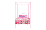 Twin Canopy Bed Frame for Girls, Pink Metal Princess Bed with Heart Design, No Box Spring Needed, Weight Capacity 225 lbs, Underbed Storage Space WoodArtSupply