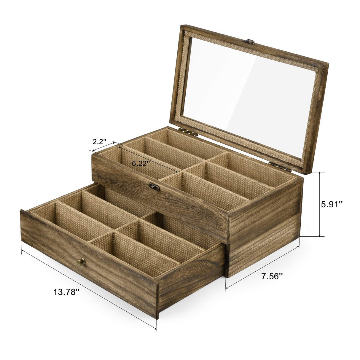 SRIWATANA Sunglasses Case Organizer for Women Men, 12 Slot Wood Eyeglass Eyewear Display Box with Glass Top, Gifts for Loved One, Carbonized Black SRIWATANA