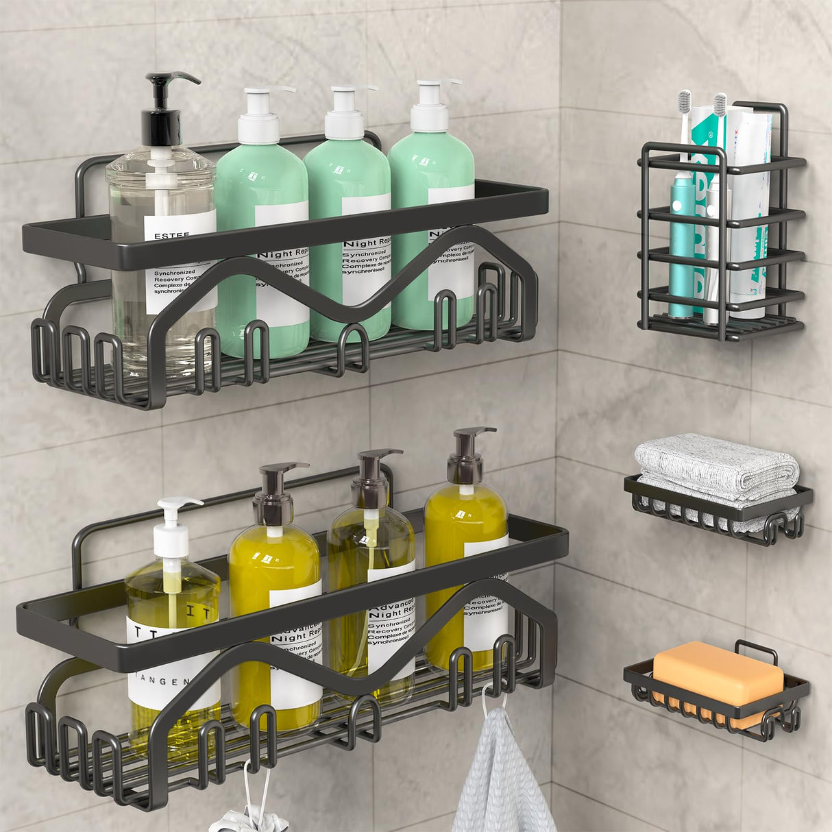 Coraje Shower Caddy, Shower Shelves [5-Pack], Adhesive Shower Organizer No Drilling, Large Capacity, Rustproof Bathroom Shower Organizer, Shower Shelf for Inside Shower (Black) Coraje