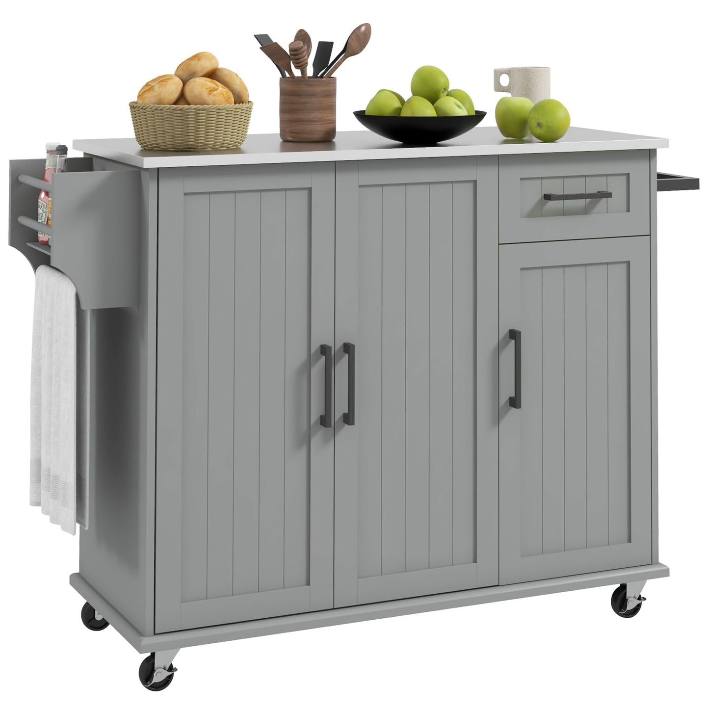 HOMCOM Kitchen Island with Storage, Rolling Kitchen Island on Wheels with Drawer, 3 Cabinets, Stainless Steel Countertop, Spice Rack and Towel Rack, Gray - WoodArtSupply