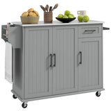 HOMCOM Kitchen Island with Storage, Rolling Kitchen Island on Wheels with Drawer, 3 Cabinets, Stainless Steel Countertop, Spice Rack and Towel Rack, Gray HOMCOM