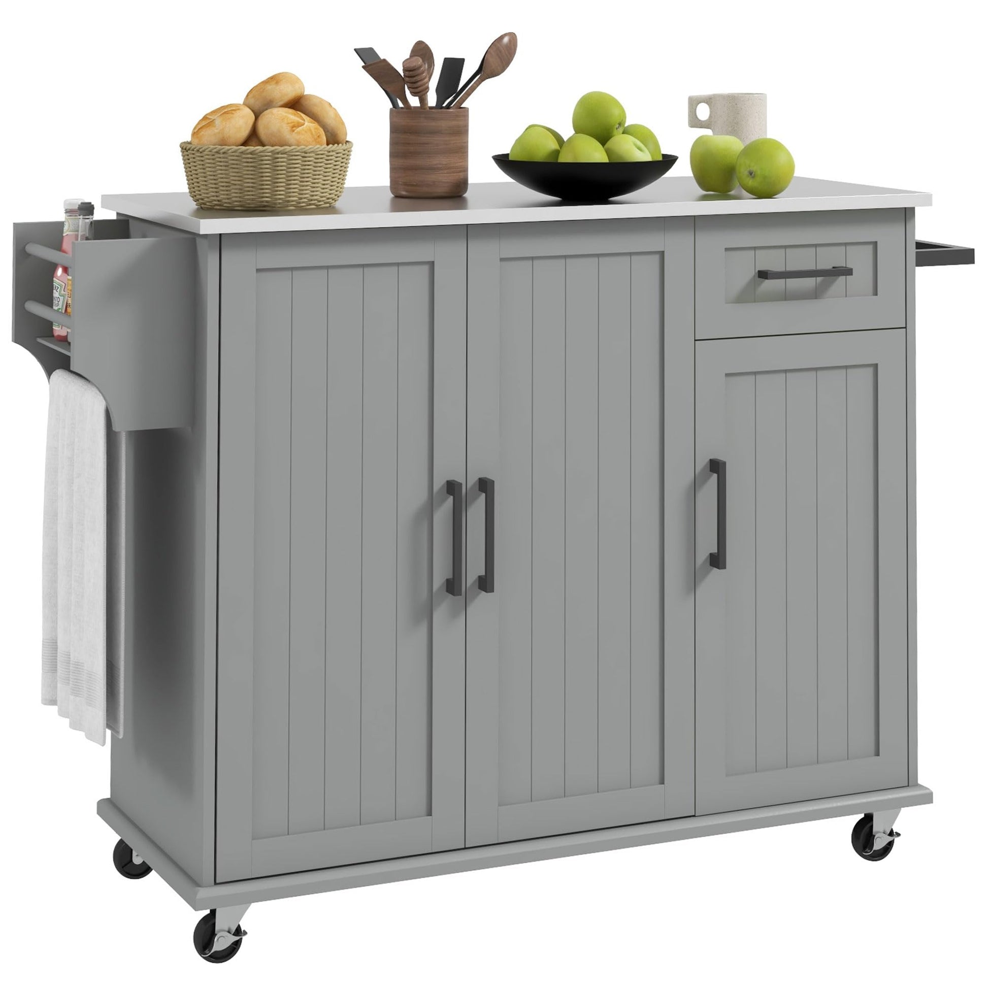 HOMCOM Kitchen Island with Storage, Rolling Kitchen Island on Wheels with Drawer, 3 Cabinets, Stainless Steel Countertop, Spice Rack and Towel Rack, Gray - WoodArtSupply