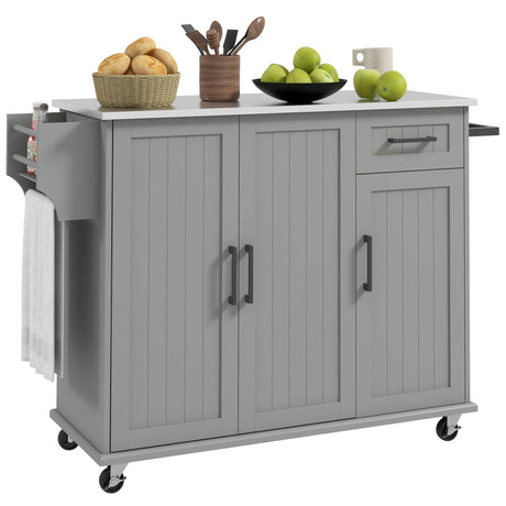 HOMCOM Kitchen Island with Storage, Rolling Kitchen Island on Wheels with Drawer, 3 Cabinets, Stainless Steel Countertop, Spice Rack and Towel Rack, Gray HOMCOM
