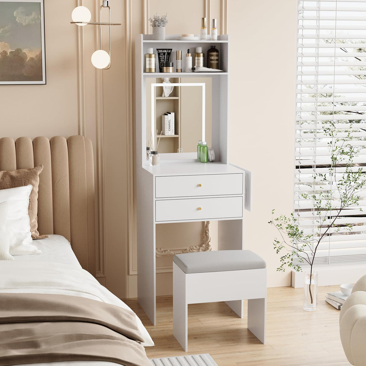 ARTETHYS Small Vanity Desk Set with 3 Adjustable Lighted Mirror and Storage Chair, Makeup Vanity Table for Small Space, White Dressing Table with Fold-up Panel for Bedroom ARTETHYS