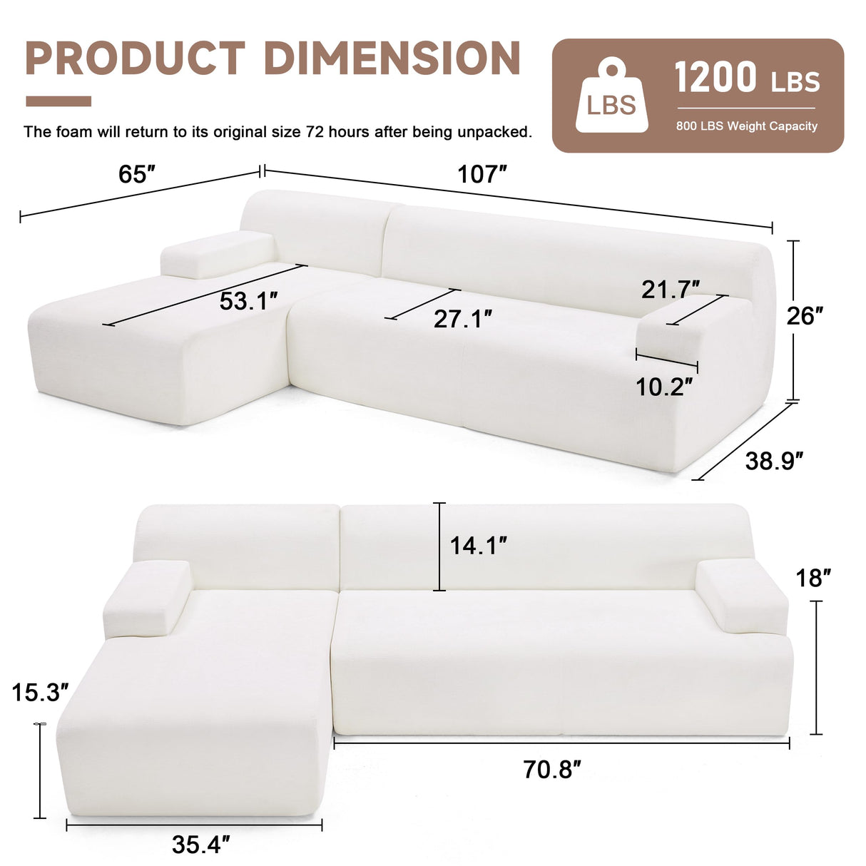 Huatean Home 107" Modular Sectional Sofa, Sponge Sectional Sofa Couch for Living Room, High Density Sponges Cloud Couch,Modular L-Shape Sofa Couch with Chaise, White Huatean Home