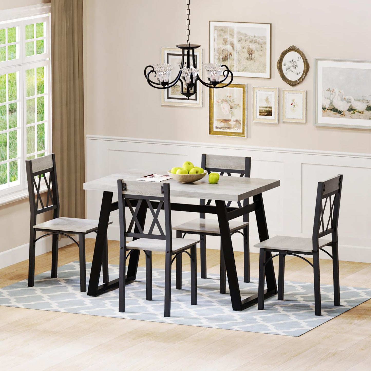 REHOOPEX Dining Room Table Set for 4, 5-Piece Farmhouse Kitchen Table Set, Thickened Metal Frame with Wood Top, Kitchen Table and Chairs for 4 Ideal for Dining Room, Dinette, Small Space, Apa - WoodArtSupply