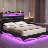 BTHFST Bed Frame Twin Size with Lift Up Storage, Power Outlet & RGB Lights, Upholastered Storage Headboard, Twin Boys Bed with Heavy Duty Steel Slats, No Box Spring Needed, PU Black BTHFST