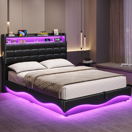 BTHFST Bed Frame Twin Size with Lift Up Storage, Power Outlet & RGB Lights, Upholastered Storage Headboard, Twin Boys Bed with Heavy Duty Steel Slats, No Box Spring Needed, PU Black BTHFST