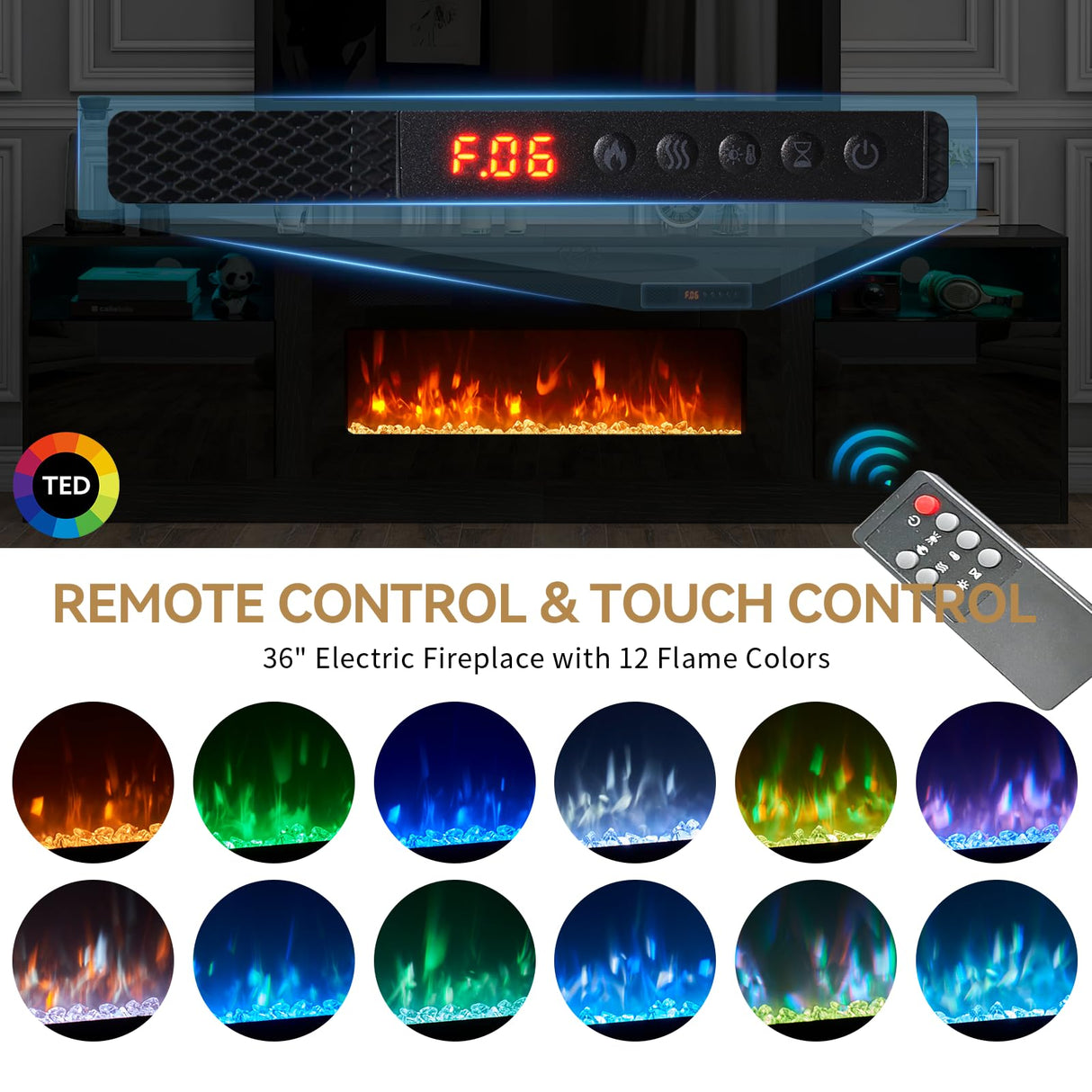 oneinmil Fireplace TV Stand with 36" Electric Fireplace, LED Light Entertainment Center with Modern Wood Texture, Highlight Storage Cabinet for TVs Up to 90", 79 inches, Black oneinmil