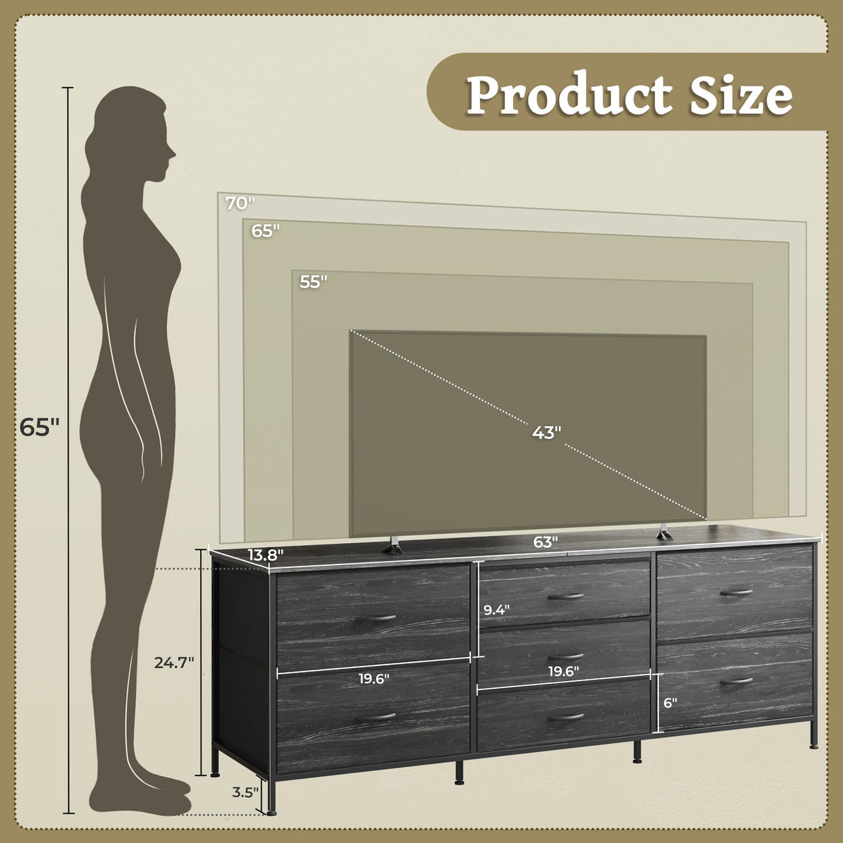 Huuger Dresser for Bedroom, 63 Inch Dresser TV Stand for 55, 65, 70 Inch TV, Long Dresser, Fabric Dresser, TV Stand with 7 Drawers, Dresser for Closet, Clothing, Charcoal Black Wood Grain Print Huuger