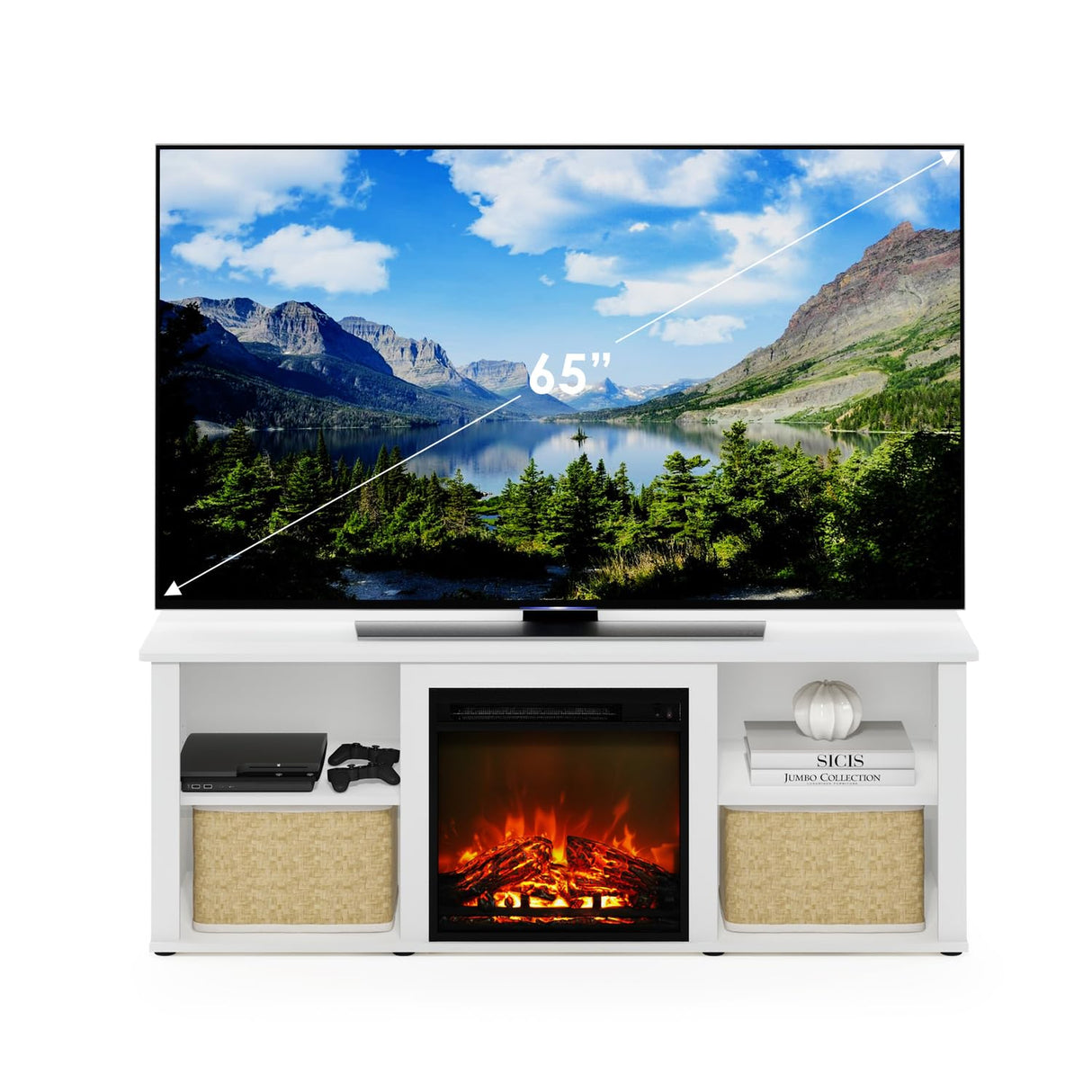 Furinno Classic 60 Inch TV Stand with Fireplace, Solid White Furinno