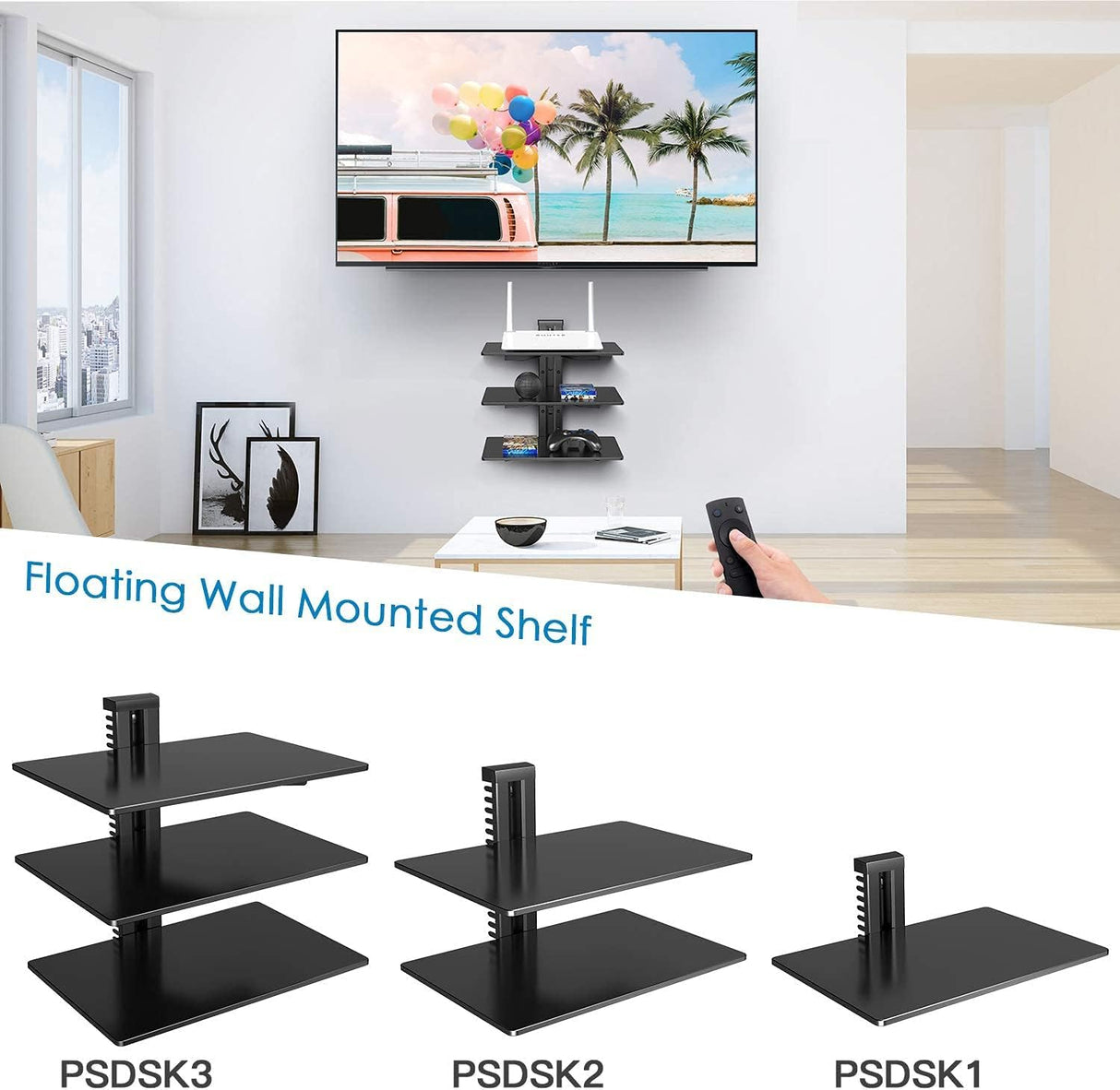 PERLESMITH Floating Wall Mounted Shelf AV Mount Shelf - Holds up to 16.5lbs - DVD DVR Component Shelf with Strengthened Tempered Glass - Perfect for DVD Players, TV Box and Cable Box, PSDSK3 PERLESMITH