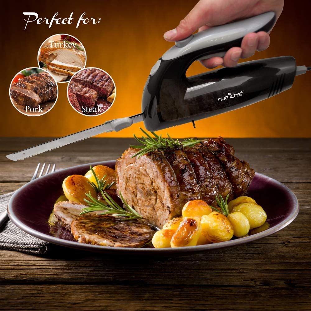 NutriChef Upgraded Premium Electric Knife-8.9' Carving Knife,Serrated Blades,Lightweight,Ergonomic Design Easy Grip,Easy Blade Removal,Great For Thanksgiving,Meat&Cheese,Black NutriChef