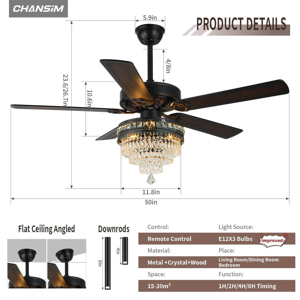 Crystal Chandelier Ceiling Fan with 3-Light, Farmhouse Fandelier with Remote - Silent DC Motor, K9-Crystal, Wood Blades, 3-Speed and Timing, Energy-Efficient Ceiling Fans for Living Room (52" Black) Chansim