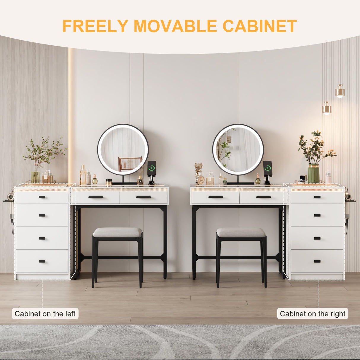 BROTTAR Vanity Desk with Mirror and Lights, 49" Modern Makeup Vanity with Charging Station, 6 Drawers & Divided Organizers, Glass Top Dressing Table for Women Girls Bedroom, White (Chair not Include) BROTTAR