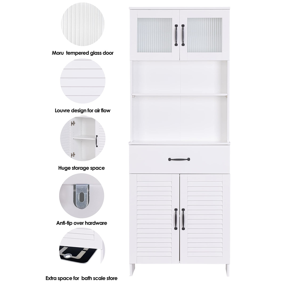 Spirich Tall Bathroom Storage Cabinet, Floor Storage Cabinet with Double Doors and Drawers, Freestanding Wood Cabinet for Bathroom, Living Room, Kitchen, Whtie Spirich