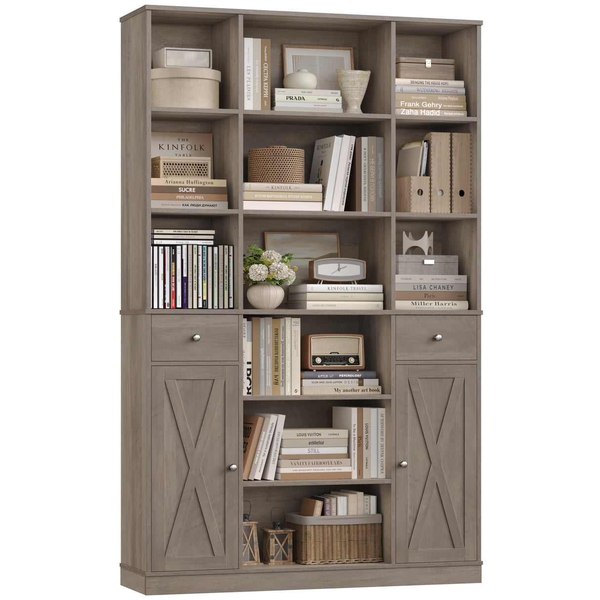 HOSTACK 74" Tall Book Shelf and Bookcase, 45" Wide Bookcase with Doors and Drawers, Modern 6 Tier Bookshelf with Storage, Large Wood Display Cabinet with Adjustable Shelves for Home Office, Ash Grey HOSTACK