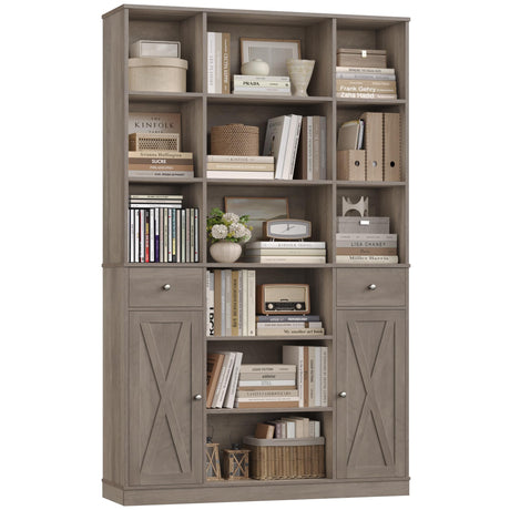 HOSTACK 74" Tall Book Shelf and Bookcase, 45" Wide Bookcase with Doors and Drawers, Modern 6 Tier Bookshelf with Storage, Large Wood Display Cabinet with Adjustable Shelves for Home Office, Ash Grey HOSTACK