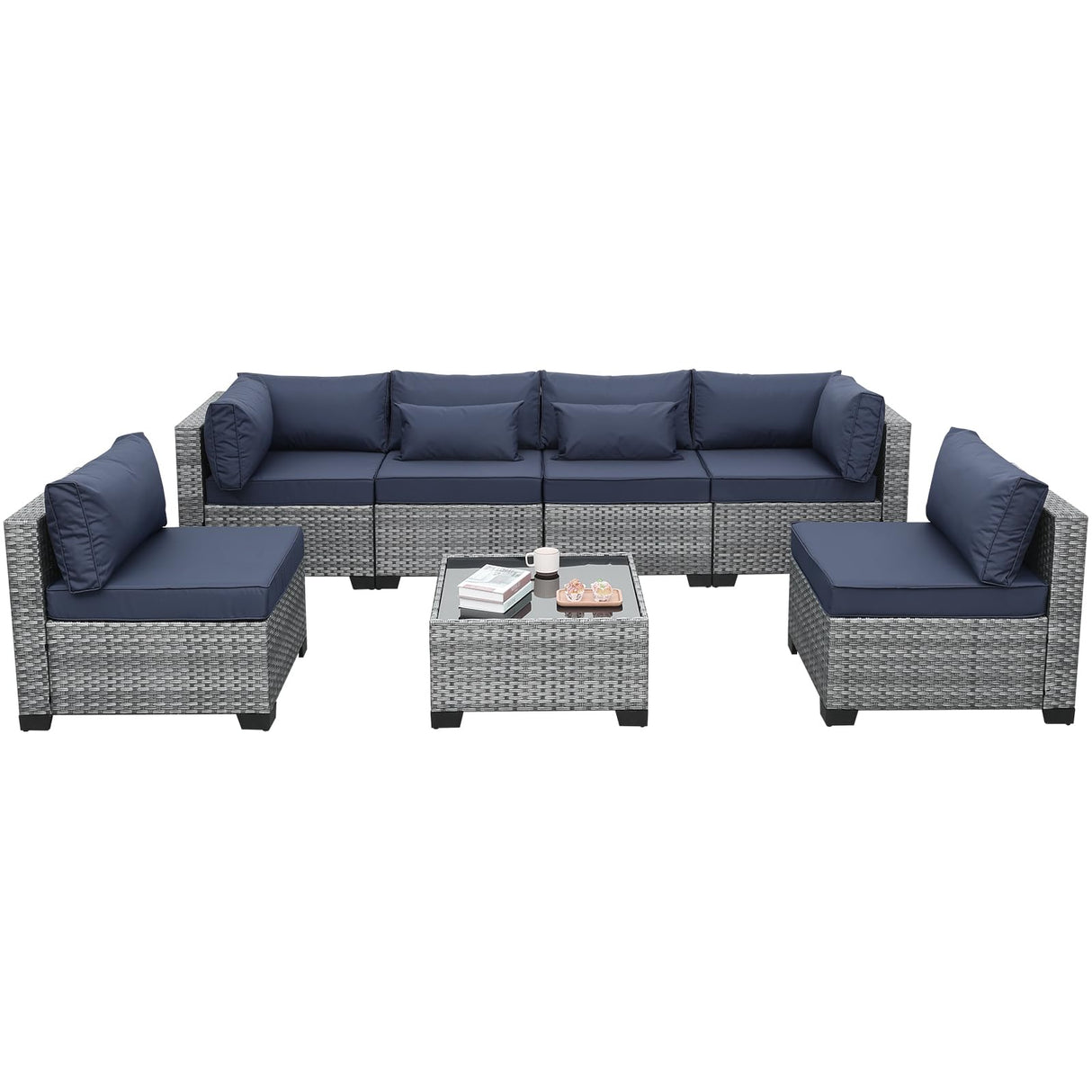 Valita 7 Piece Outdoor PE Wicker Furniture Set, Patio Gray Rattan Sectional Sofa Couch with Washable Dark Blue Cushions Valita