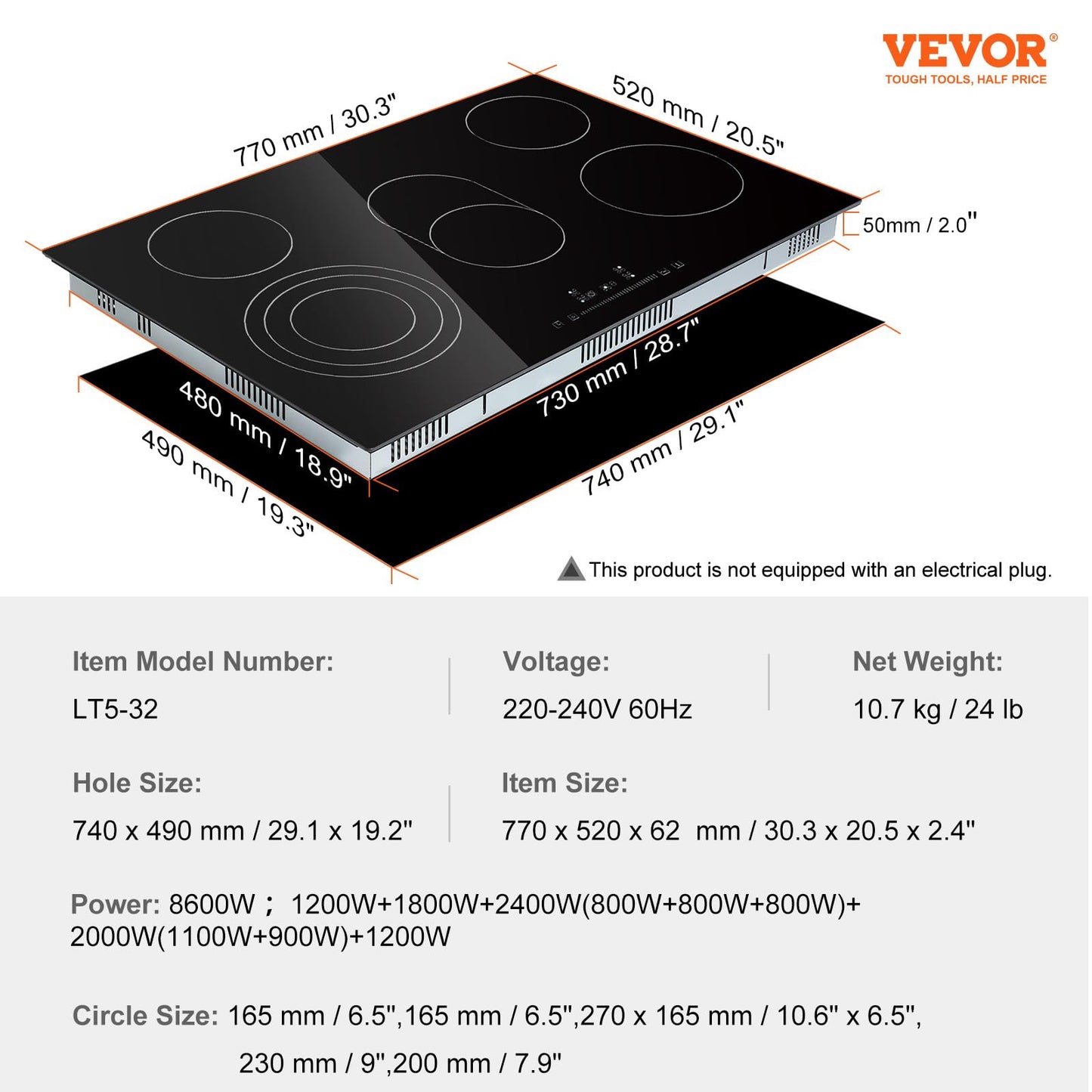 VEVOR Built in Electric Stove Top, 30 inch 5 Burners, 240V Glass Radiant Cooktop with Sensor Touch Control, Timer & Child Lock Included, 9 Power Levels for Simmer Steam Slow Cook Fry