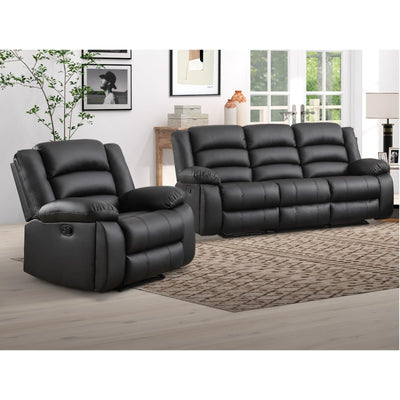 EBELLO Faux Leather Manual Recliner Sofa Set, 3 Seat Reclining Sofa, Couch Furniture Set for Living Room, Black