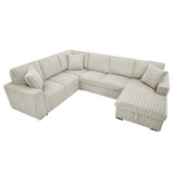 122'' Convertible U-Shaped Faux Rabbit Fur Plush Sectional Sleeper Sofa, Upholstered Cloud Couch Pull-Out Sofa Bed with Storage Chaise and USB Ports for Living Room (Khaki, 122'' x 95.6'') Familymill