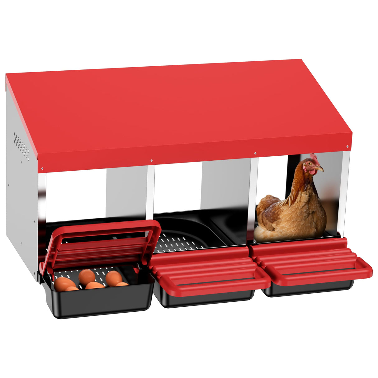 ZenxyHoC Chicken Nesting Boxes, 3 Hole Metal Chicken Egg Laying Box with Swing Perch and Rollout Egg Collection for Chicken Coop ZenxyHoC