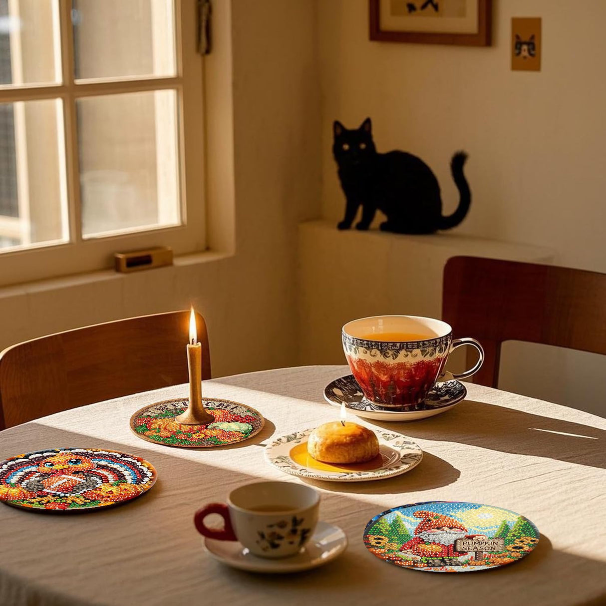 8 Pcs Fall Diamond Art Painting Coasters Kits,Thanksgiving Day Coaster with Holder for Adults, Non-Slip DIY Dot Paint Craft Kits,5D Full Drill DIY Diamond Dot Gem Art Kit Home Decor Arts Craft NEGEKFKX