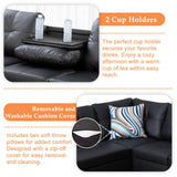 Wakefit Sectional Sofa Couch, Modern 4-Seaters Living Room Furniture Sets with Chaise Lounge, Ottoman & 2 Pillows | L Shape Couch | Cup Holder | Faux PU Leather, Black Wakefit
