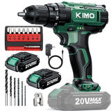 KIMO 20V Cordless Drill Set with 2 Packs 2.0Ah Battery, Max 350 In-lb Torque, 1350 RPM, 3/8" Keyless Chuck, 18+2 Clutch Setting, 18pcs Accessories, Power Drill for Drilling Wood Bricks Walls Metal K I M O.