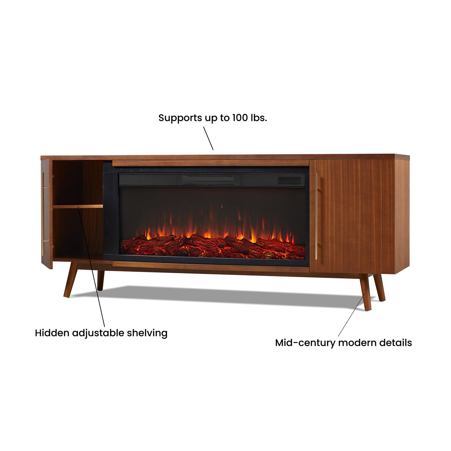 Real Flame Morris 72” Electric Fireplace TV Stand for TVs up to 70 inches, Entertainment center with adjustable shelves and storage, TV Stand for Living Room and Bedroom, Remote control, Timer