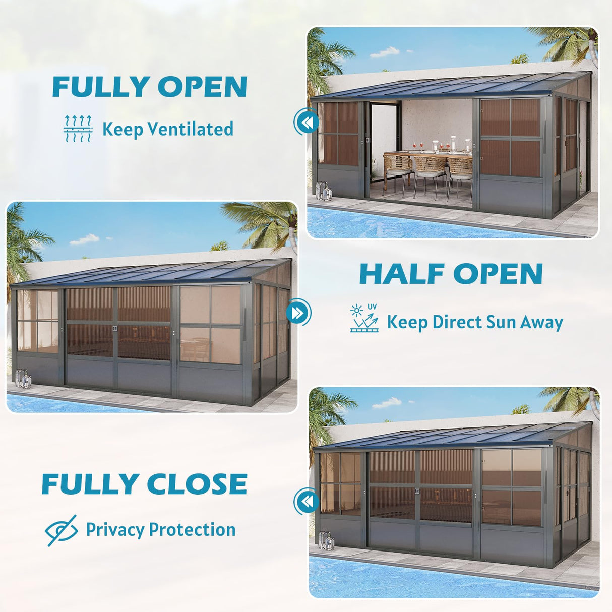 EROMMY 10' x 16' Sunroom, Wall Mounted Gazebo Solarium with Aluminum Frame, Polycarbonate Roof, Permanent Sun Room with Sliding Doors, Lockable PC Screen Walls, Lean to Gazebo for Garden, Patio, Grey EROMMY
