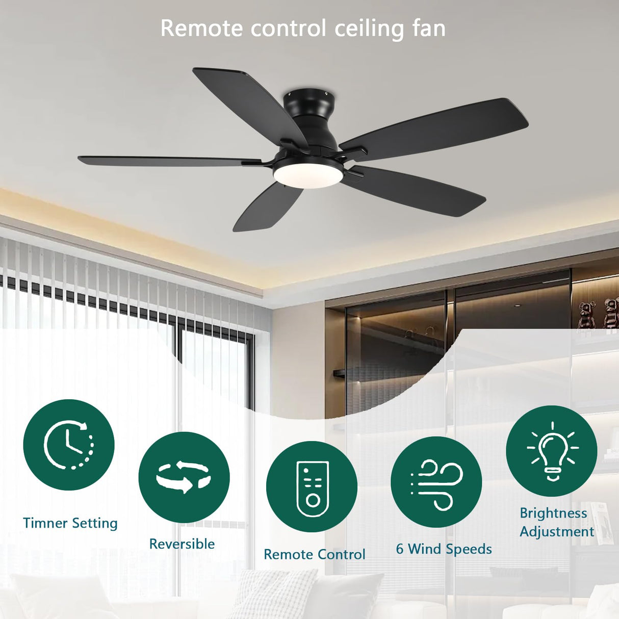 NKPU 52inch Flush Mount Ceiling Fans with Lights and Remote Control/APP Control, DC Reversible Motor, Noiseless, Dimmable, Low Profile Black Ceiling Fan for Bedroom Indoor/Outdoor Use NKPU