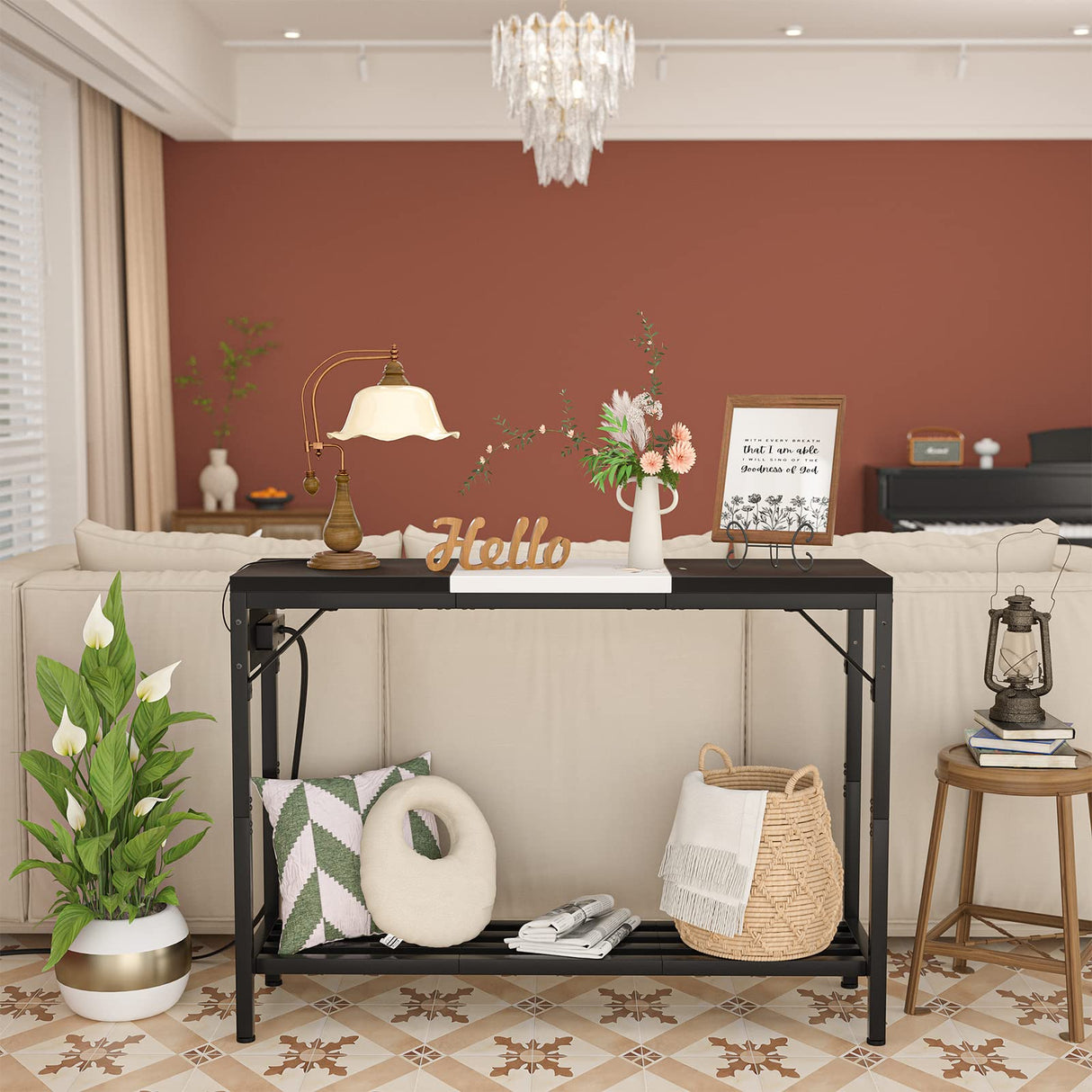 Narrow Console Table with Power Strips, Sofa Table with Storage Shelves for Living Room, 2-Tier Foyer Table for Entryway, Hallway, Behind Couch, Kitchen Counter, 39'', Black & White armocity