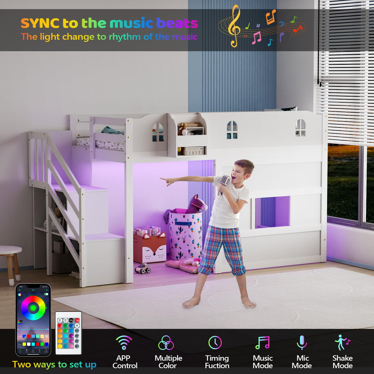 JOYMOR Low Loft Bed with Led Light, Loft Bed Twin Size with Castle Guardrail and Window, Staircase and Book Rack, Smart APP Control, Twin loft Bed for Kids, Junior, No Box Spring Needed (White) JOYMOR