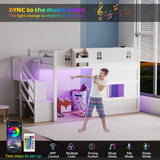 JOYMOR Low Loft Bed with Led Light, Loft Bed Twin Size with Castle Guardrail and Window, Staircase and Book Rack, Smart APP Control, Twin loft Bed for Kids, Junior, No Box Spring Needed (White) JOYMOR