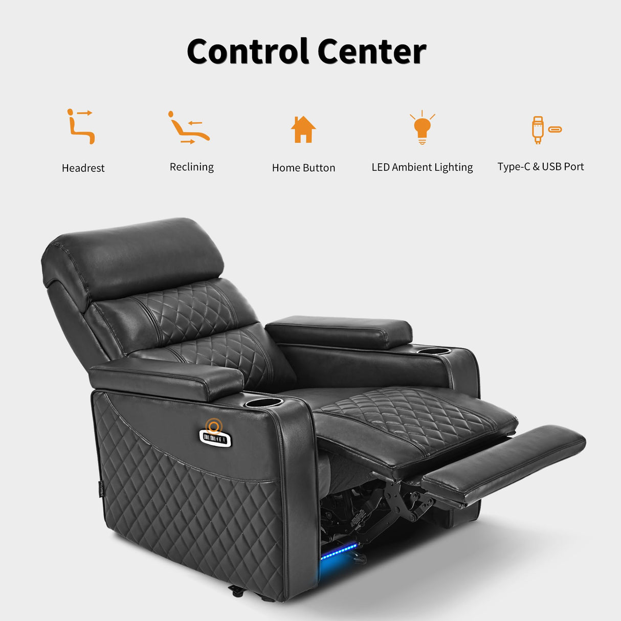 MCombo Power Recliner Chair with Adjustable Headrest, Home Theater Seating with USB & Type-C Port, Armrest Storage & LED Light HTS432SET (Dark Grey, Single Recliner) MCombo