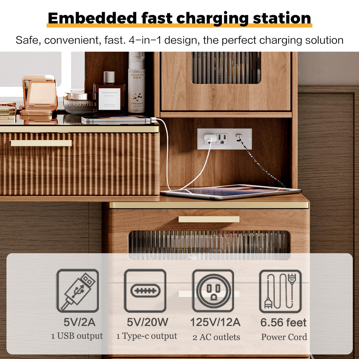 Vanity Desk with 29.53" HD Lighted Mirror, 47.24" Big Modern Vanity Desk with Mirror and Lights, Makeup Vanity with 5 Drawers and Storage Shelves and Charging Station,Brown Arulvmrn