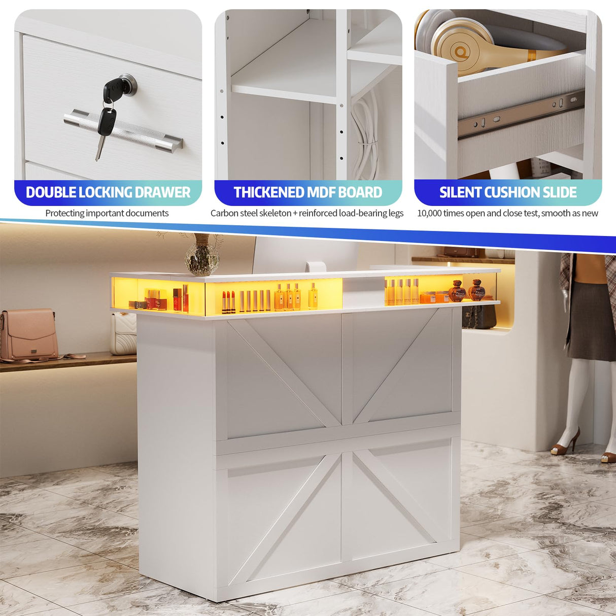 PakaLife Reception Desk with Counter, Front Desk Reception Counter Table with LED Lights, Retail Counter with Power Outlets,Drawers,Shelves, for Beauty Salon Lobby Shop Bar Checkout Office,White PakaLife